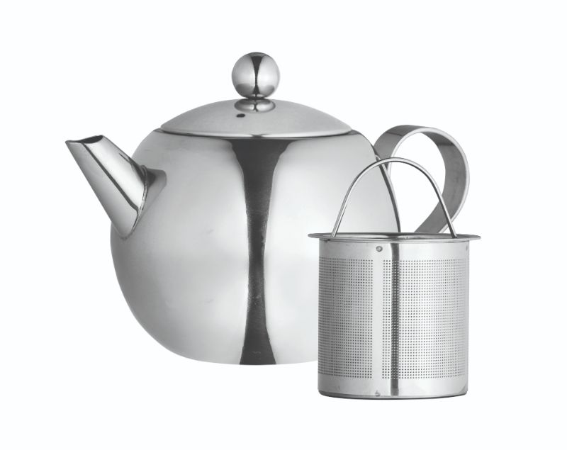 Stylish 900ml stainless steel teapot with a removable infuser, perfect for brewing and serving loose-leaf teas.