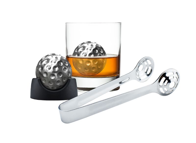 Stainless steel ice balls shaped like golf balls, perfect for chilling whiskey without dilution, beautifully gift boxed.