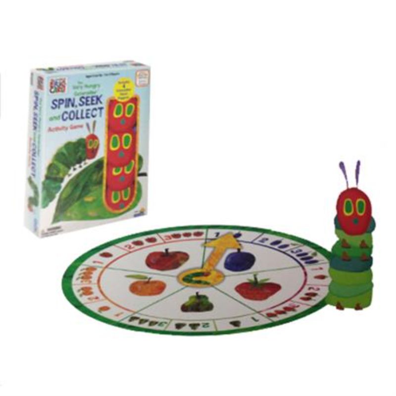 Colorful Eric Carle Spin Seek and Collect game featuring a spinner, letter cards, and vibrant imagery for fun learning.