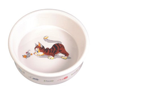 Adorable ceramic cat food bowl featuring playful cartoon designs, perfect for dry or wet food, 11cm diameter, 200mL capacity.