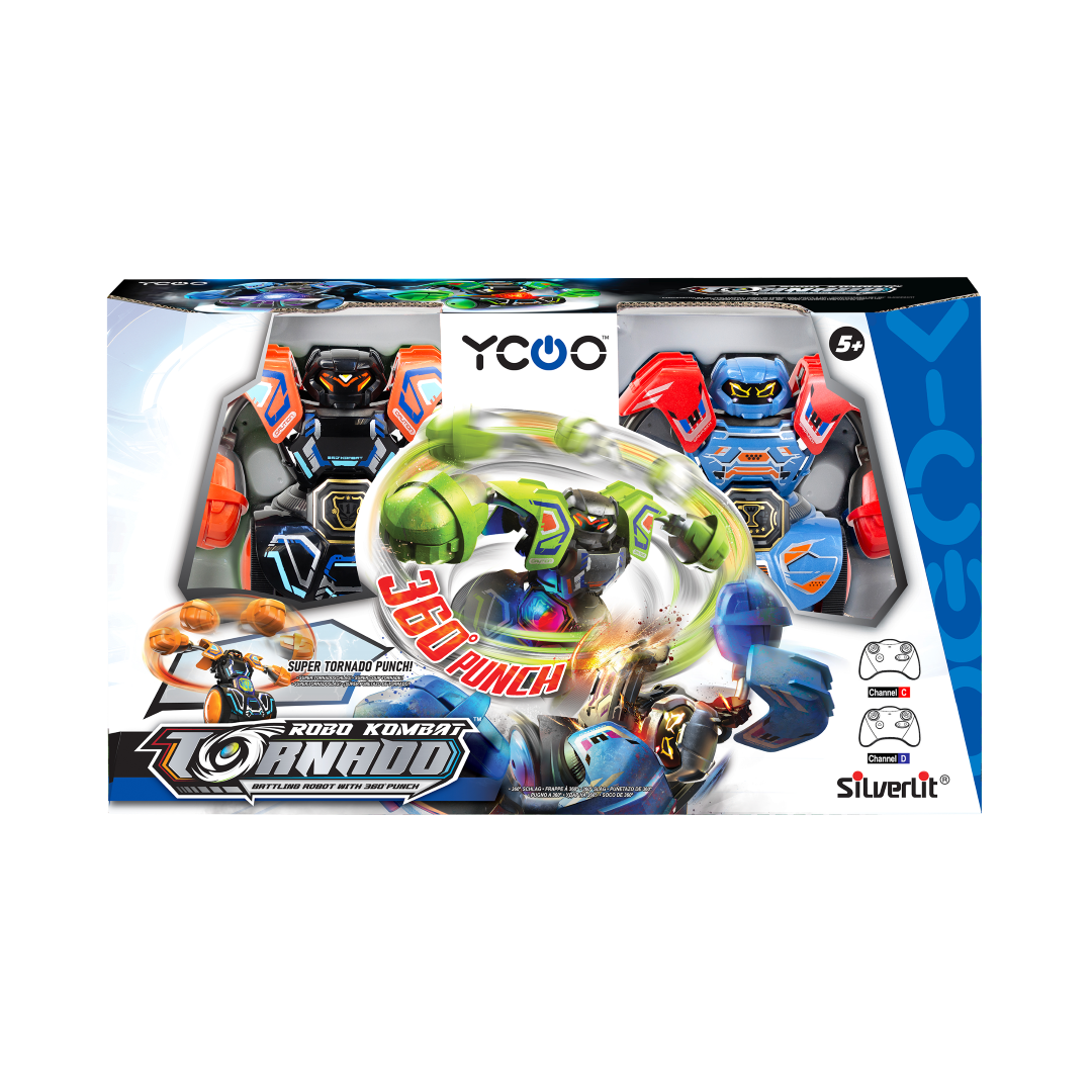 Silverlit Robo Kombat Tornado Pack B featuring 360° Punch, LED indicators, and detachable armor for epic robot battles.