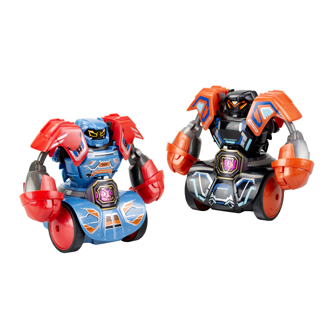 Battle-ready Silverlit Robo Kombat Tornado Pack B with 360° Punch, LED Power Belt, and detachable armors for thrilling robot fights.