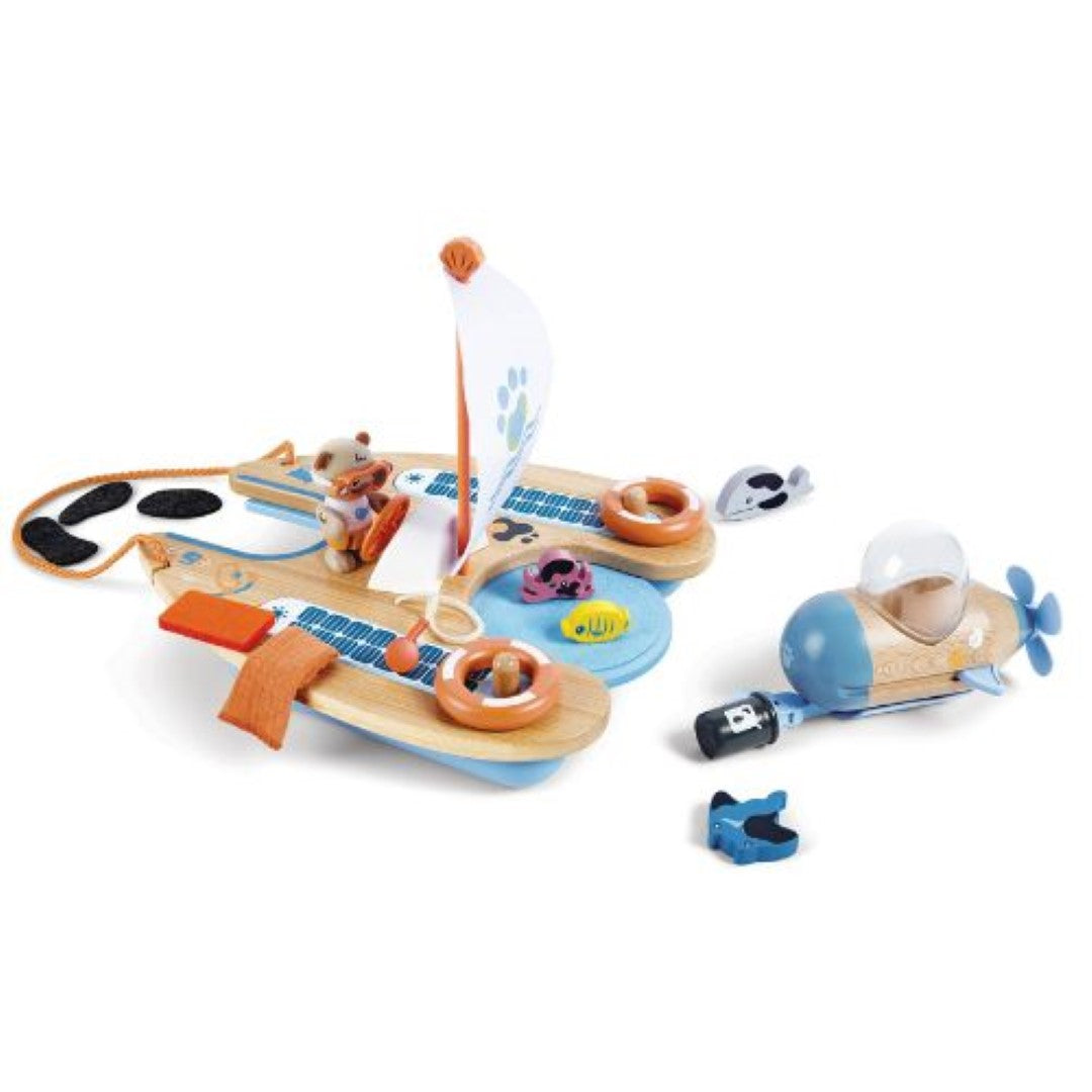 Eco-friendly catamaran playset featuring Ben the Otter for marine rescue and oil spill clean-up adventures.