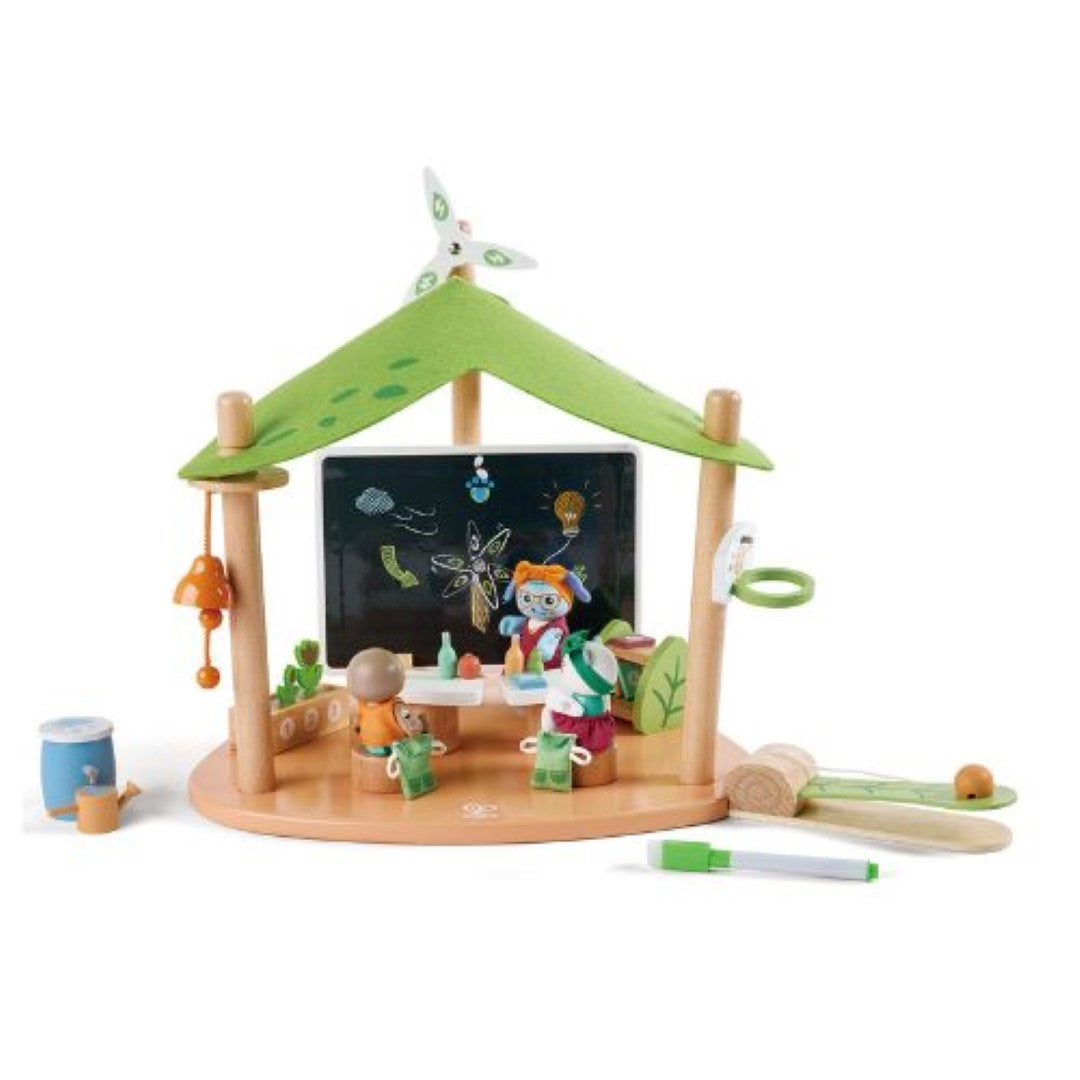 Wooden Hape Green Planet School Playset featuring Doris the Elephant and her students, promoting eco-awareness and imaginative play.