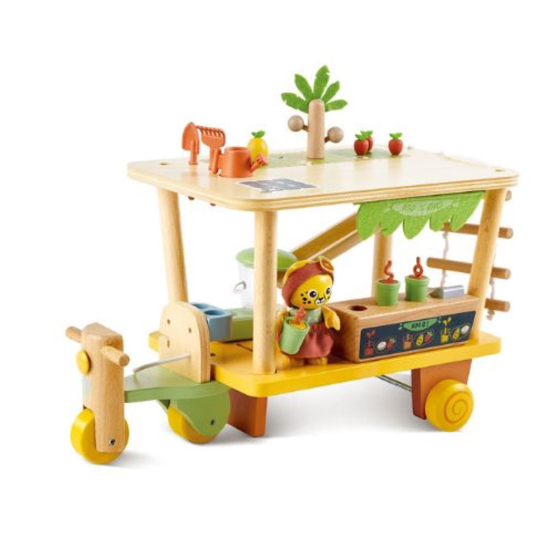 Clio the Jaguar in her solar-powered juice car at the eco-friendly Hape Green Planet Bio Juice Shop playset.