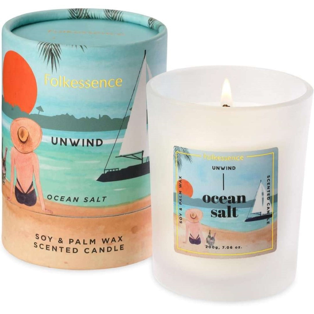 Folkessence Candle - Unwind Ocean Salt: a 200g eco-friendly candle blending soy and palm wax for a soothing ocean aroma.