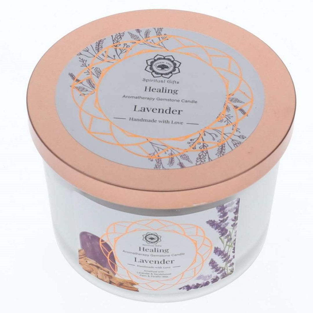 Gemstone candle featuring lavender scent and amethyst stones, promoting tranquility and enhancing ambiance.