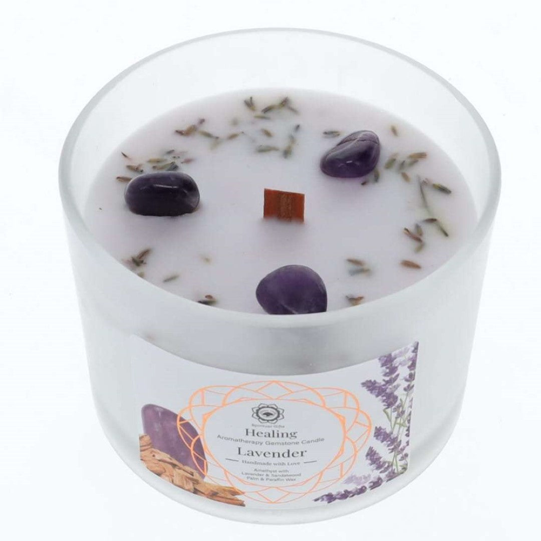 Green Tree Healing Gemstone Candle with lavender scent and amethyst stones for tranquility and ambiance enhancement.