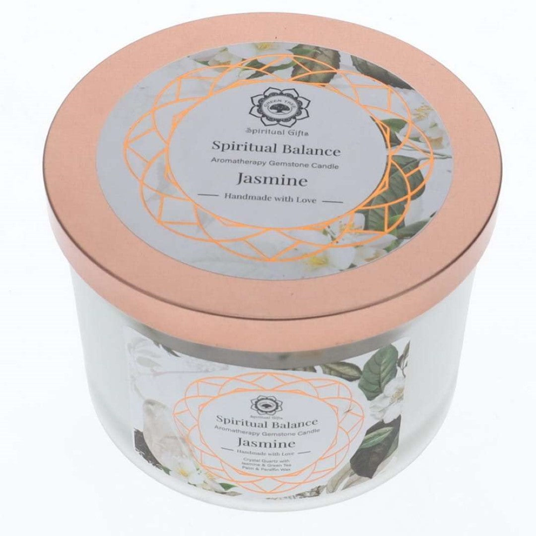 Gemstone candle featuring jasmine scent and clear quartz stones, promoting spiritual balance and tranquility in a charming 256gms jar.