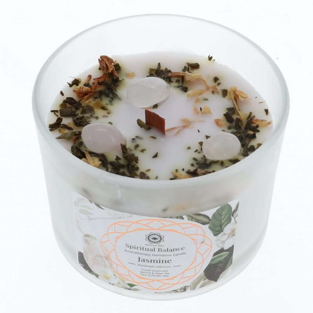 Scented candle with jasmine and clear quartz, promoting tranquility and spiritual balance in a 256g jar.