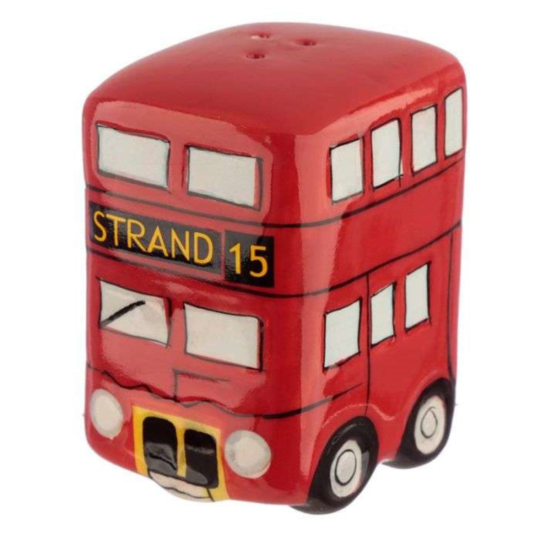 Ceramic Salt & Pepper Set shaped like a red Routemaster bus, perfect for adding London charm to your table.