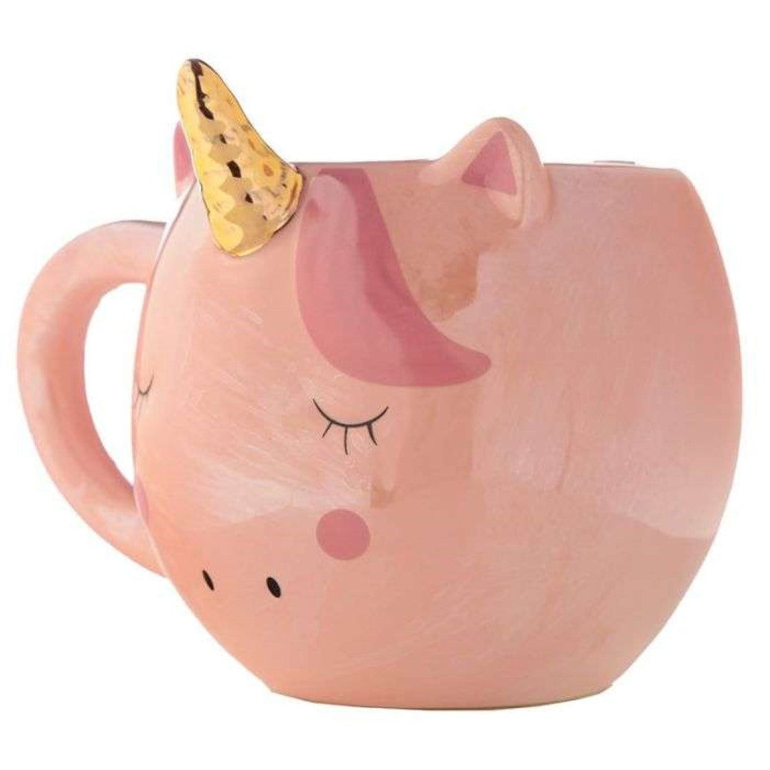 Ceramic mug shaped like a unicorn with a vibrant rainbow, perfect for hot beverages, 560ml capacity.