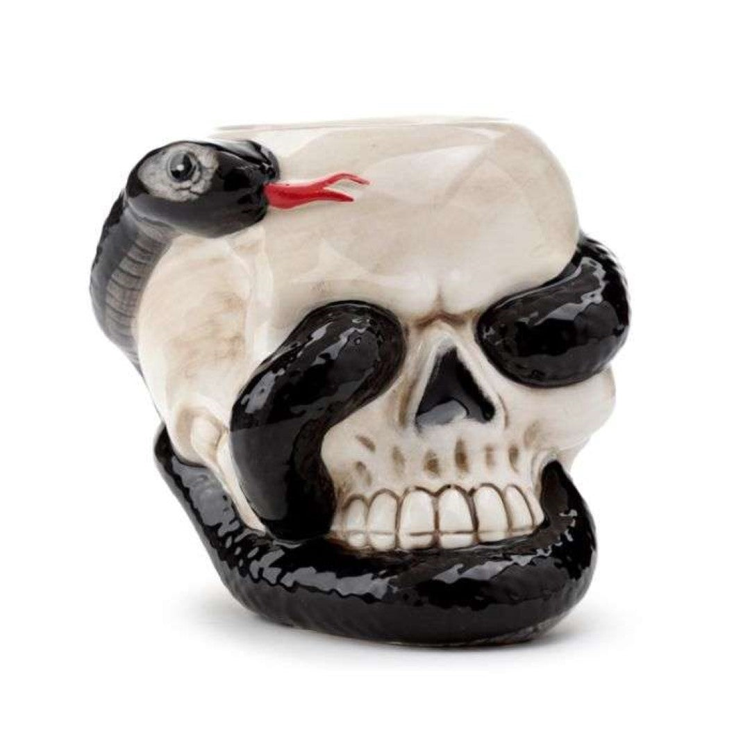 Ceramic oil burner featuring a skull and coiled snake design, perfect for aromatherapy and gothic home decor.