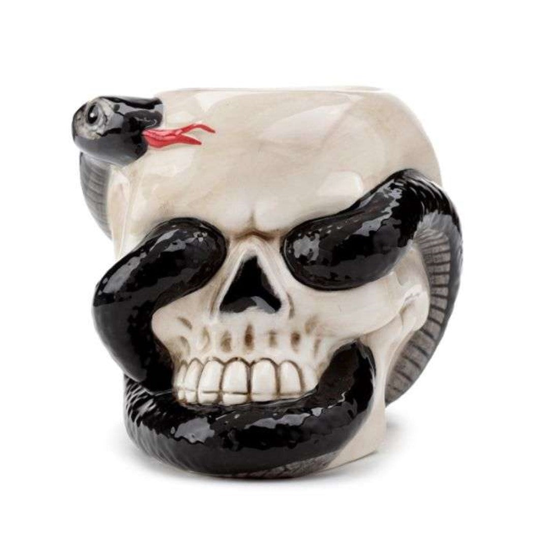 Ceramic oil burner shaped like a skull with a coiled snake, perfect for enhancing aromatherapy and home decor.