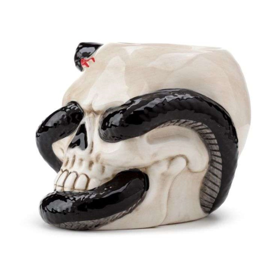 Ceramic oil burner shaped like a skull entwined with a snake, perfect for gothic decor and aromatherapy.