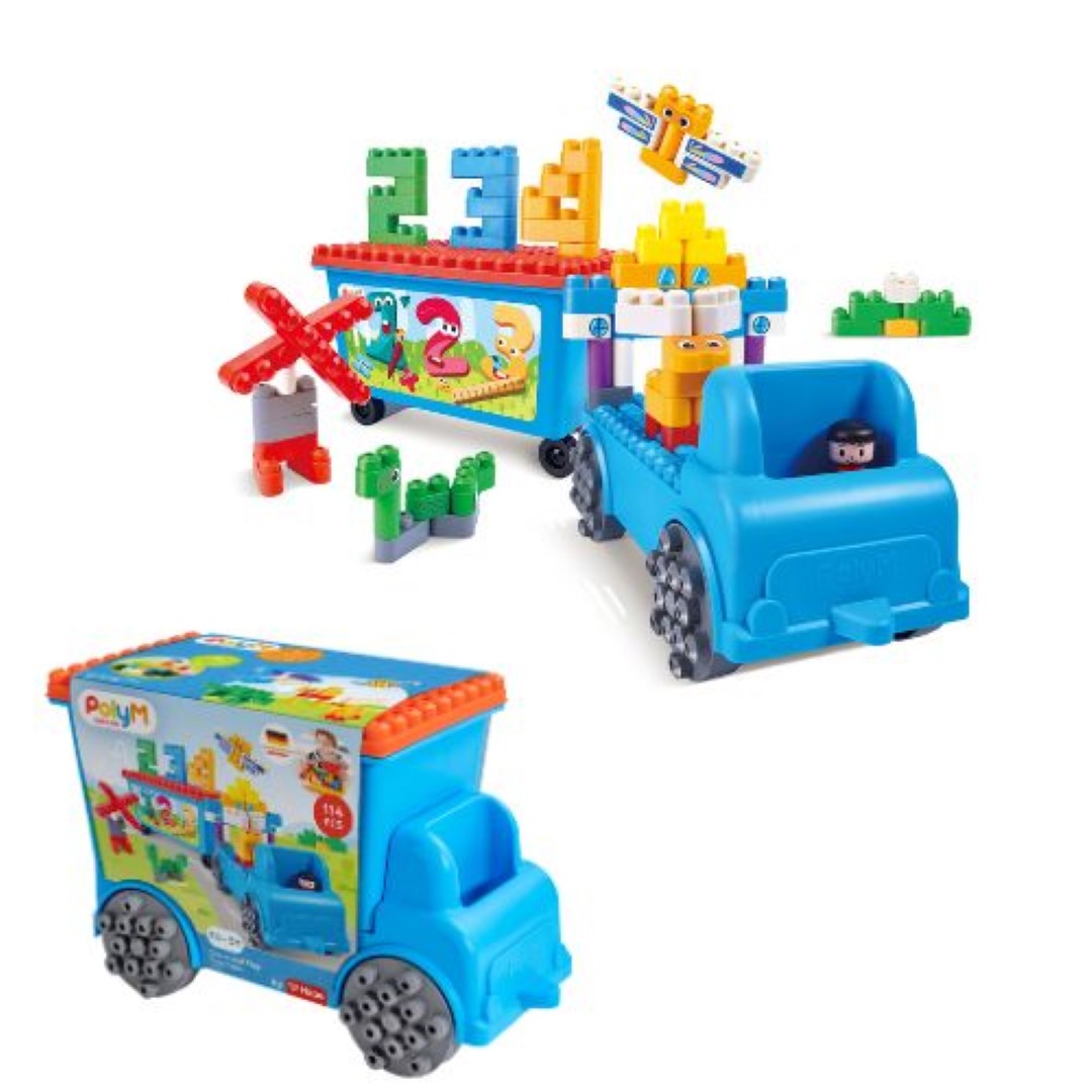 Colorful PolyM Count and Play Tow Truck playset for kids aged 1-5, featuring 114 pieces for building and learning through play.