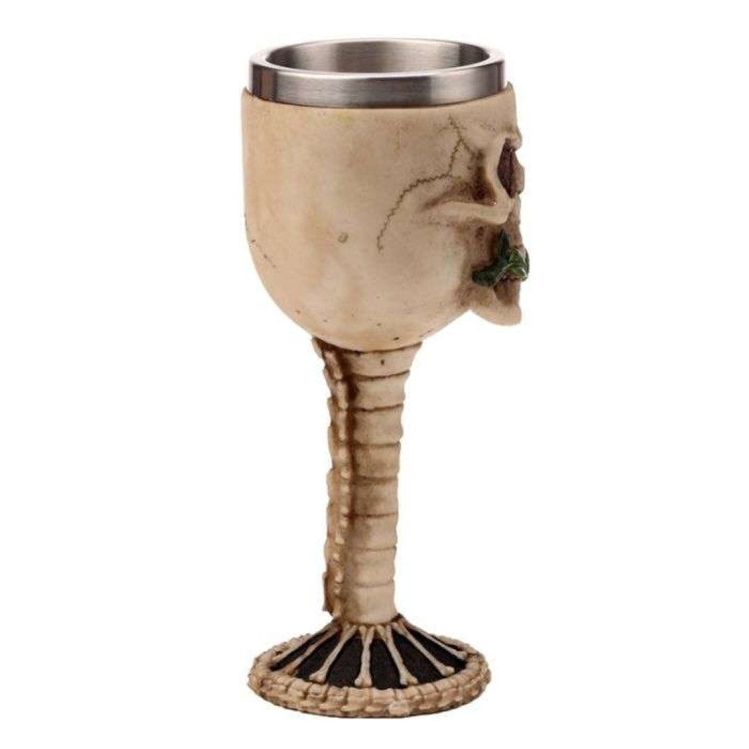 Decorative skull goblet with a red rose in mouth, combining gothic style with resin and stainless steel accents.