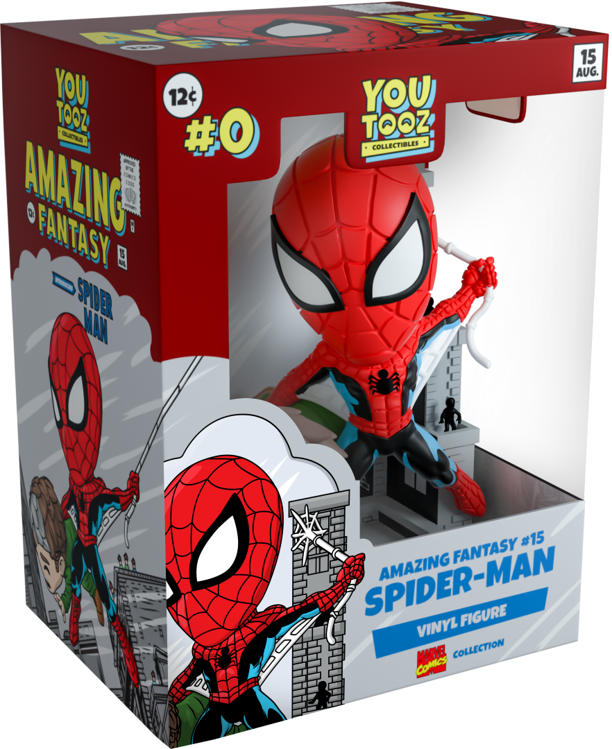 Youtooz 5" collectible Spider-Man figurine in red and blue suit, swinging through grey buildings, holding a flailing civilian.