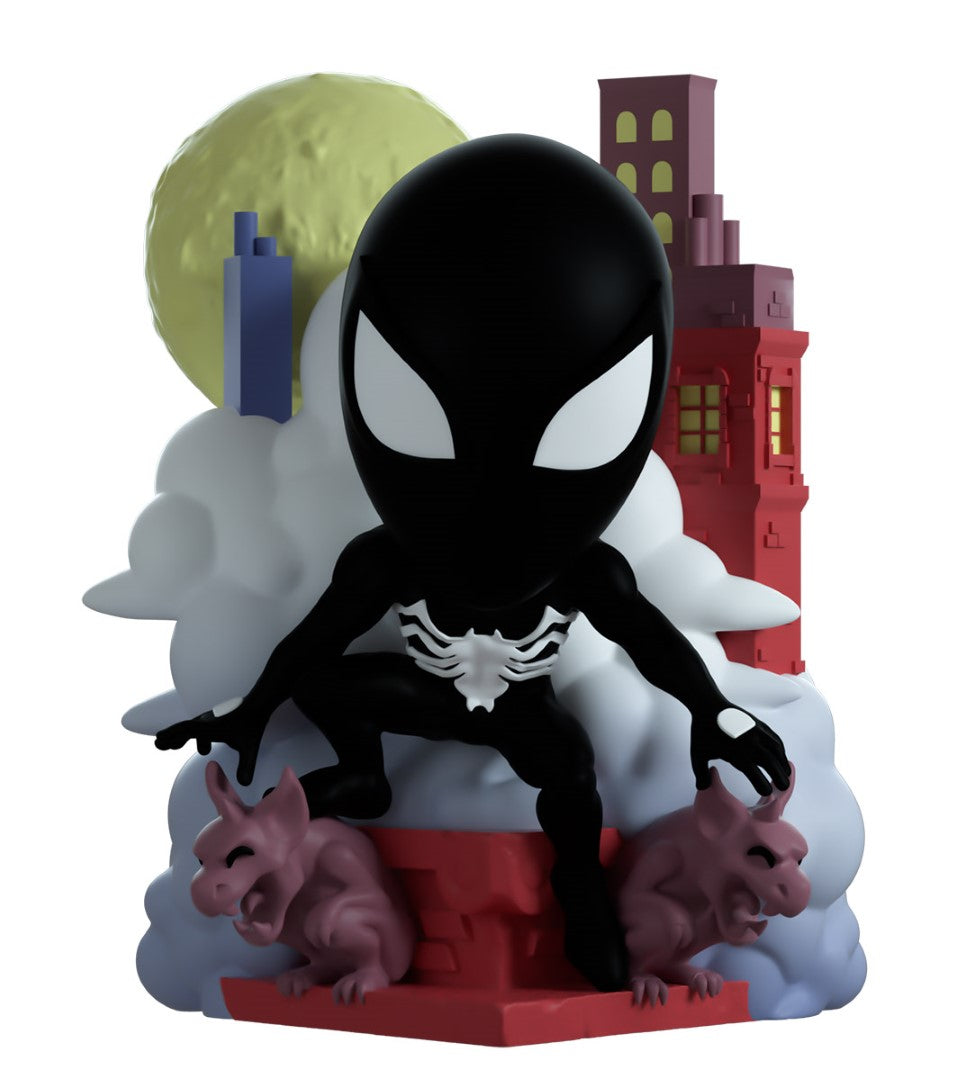 5-inch Youtooz Spider-Man figurine on a brick ledge, poised for action with smoke and NYC skyline background.