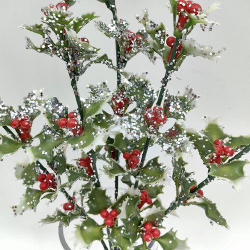Artificial Holly Leaf Bush with Glitter Spray