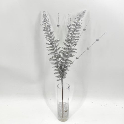 Artificial Glitter Fern Spray (Silver)