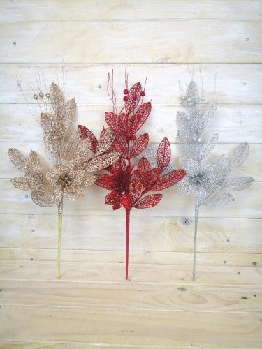 Artificial Bay leaf Spray w/Poinsettia (Silver)