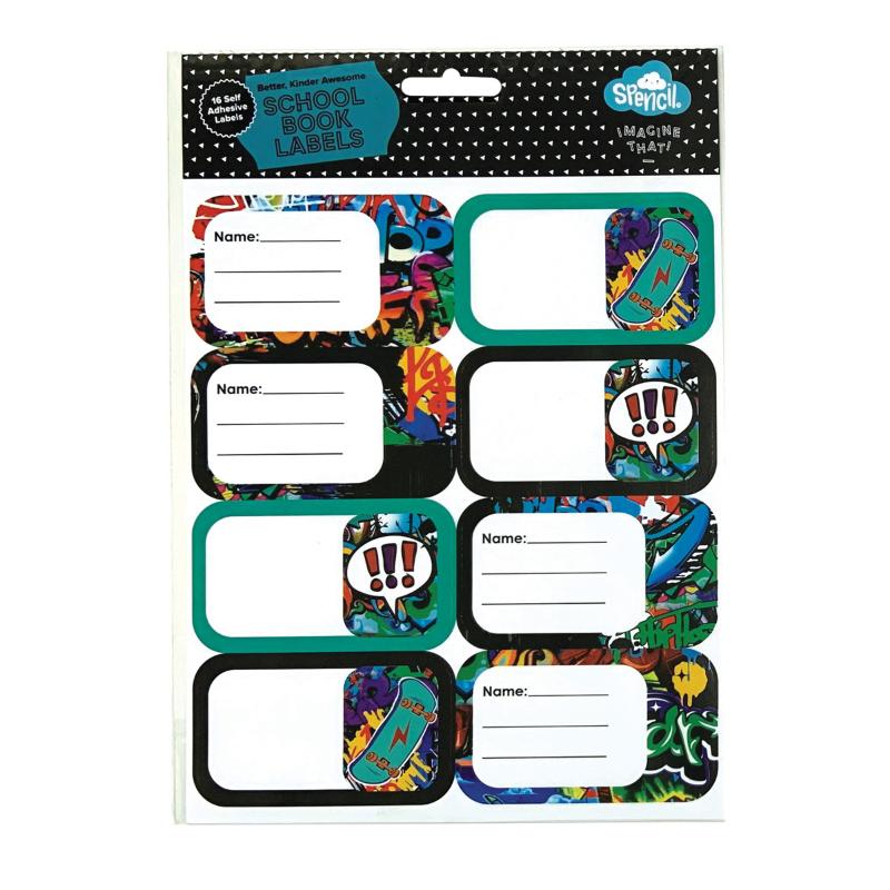 Vibrant Spencil name and subject labels sheet with 16 whimsical designs for kids' school organization and fun creativity.