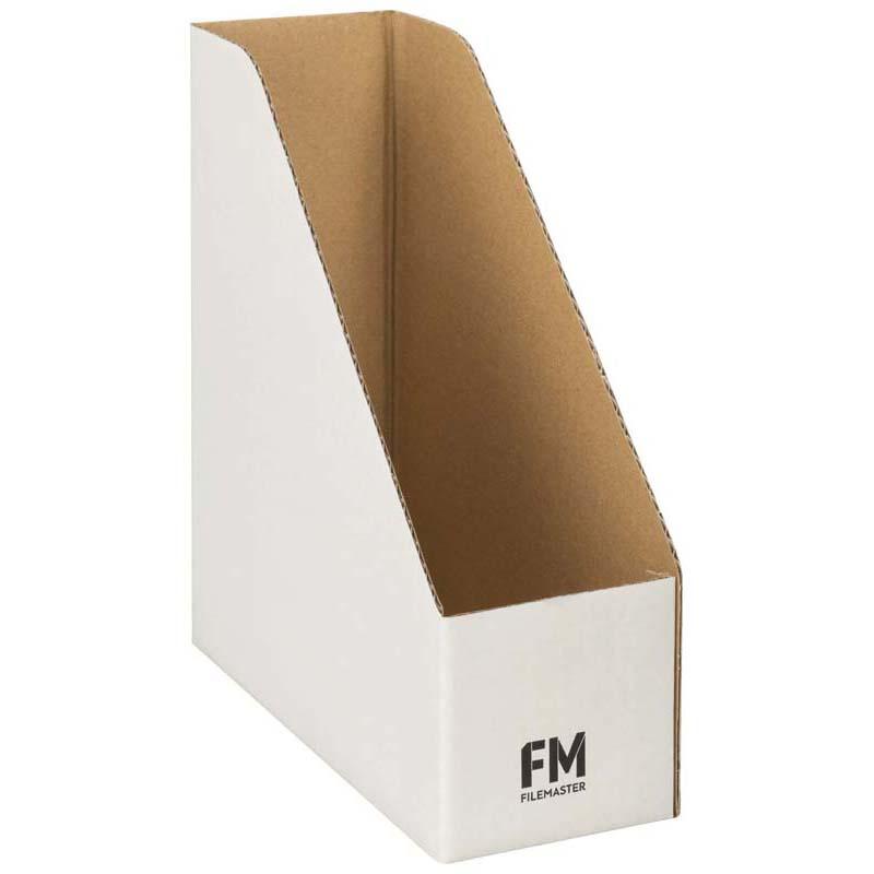 White FM Magazine File No3, 100x280x250mm, durable cardboard design for organizing magazines and reports with easy access.