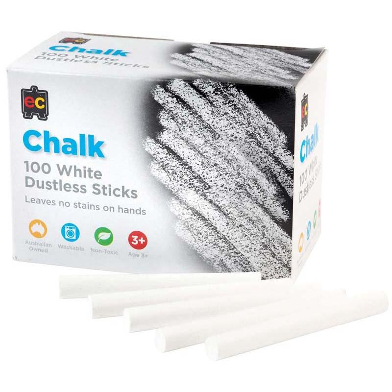 Box of 100 EC dustless white chalk sticks, non-toxic, easy to read, and mess-free for blackboard use.