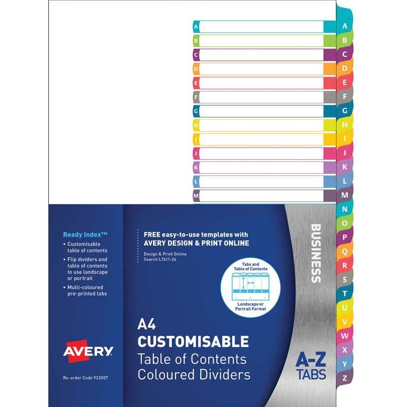 Avery Customisable Table Of Contents A4 A-Z Tabs Coloured L7411-26