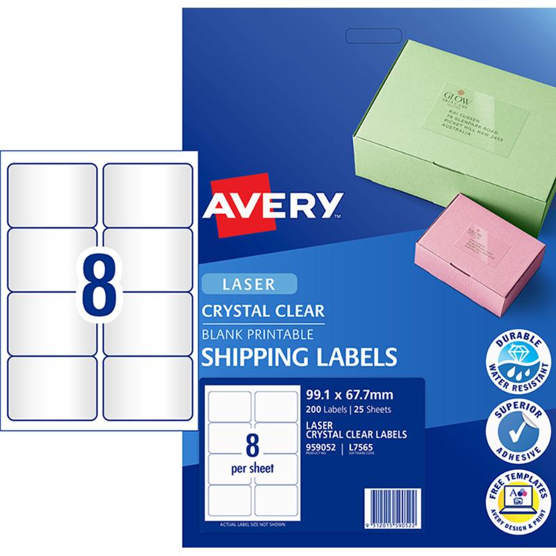 Clear Avery L7565-25 labels on 25 sheets, 99x67mm, ideal for elegant packaging and organization with a printed-on appearance.