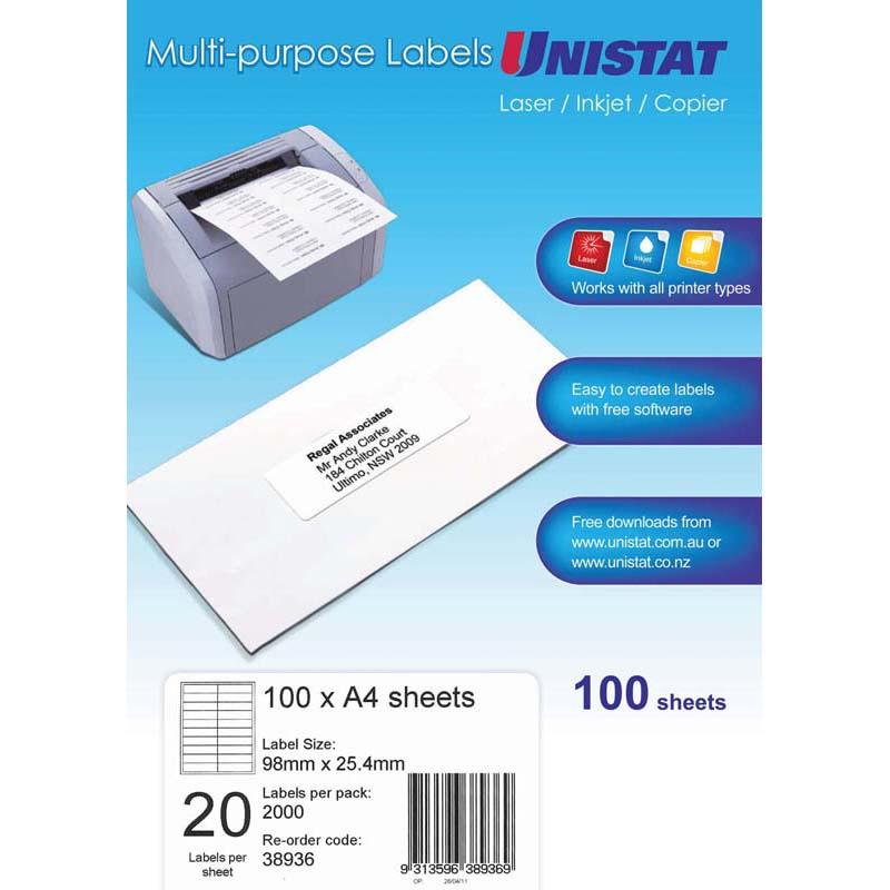 Unistat Label DL 20up 98x25.4 20up 100 Sheets
