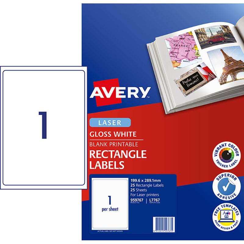 Glossy white Avery labels (199x289mm) for color laser printers, 25 sheets for vibrant, high-resolution labeling projects.