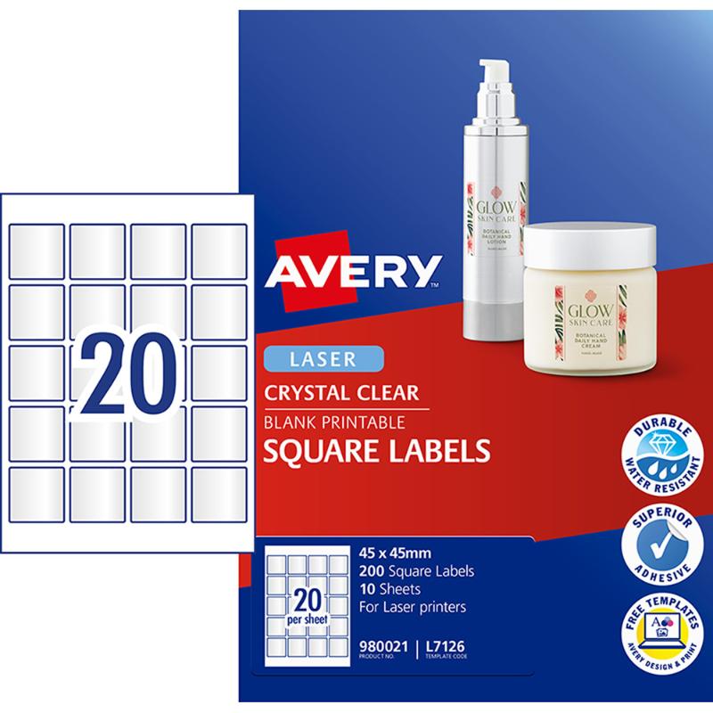 Avery Label L7126 Square Crystal Clear 20up 10 Sheets 45x45mm