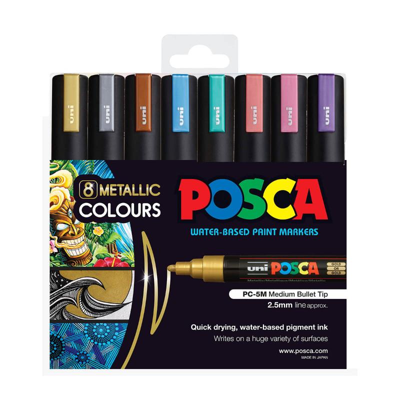 Uni Posca Marker 1.8-2.5mm Medium Bullet 8 Pack features vibrant metallic colors in Gold, Silver, and more for versatile artistic projects.