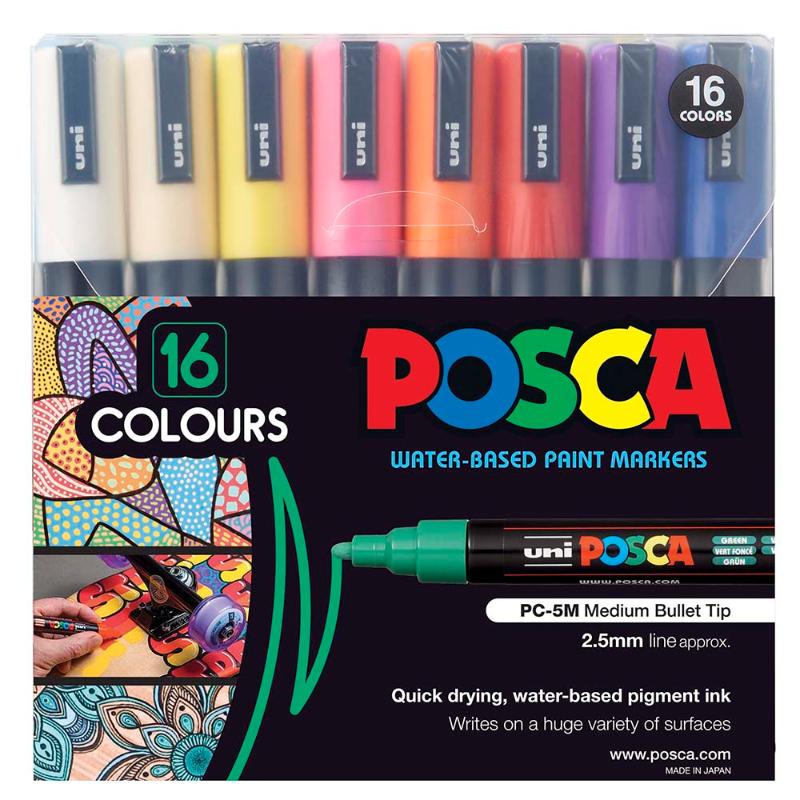Assorted 16-piece Uni Posca Marker set featuring medium bullet tips for vibrant, precise designs on various surfaces.