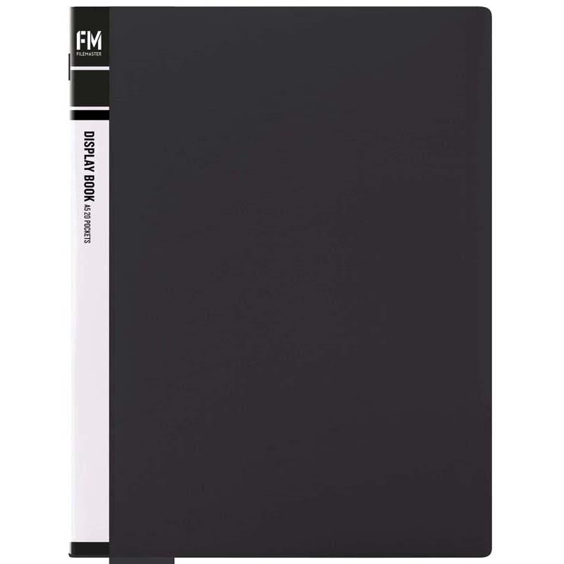 A5 display book in black with 20 clear polypropylene pockets securely bound in a durable cover.