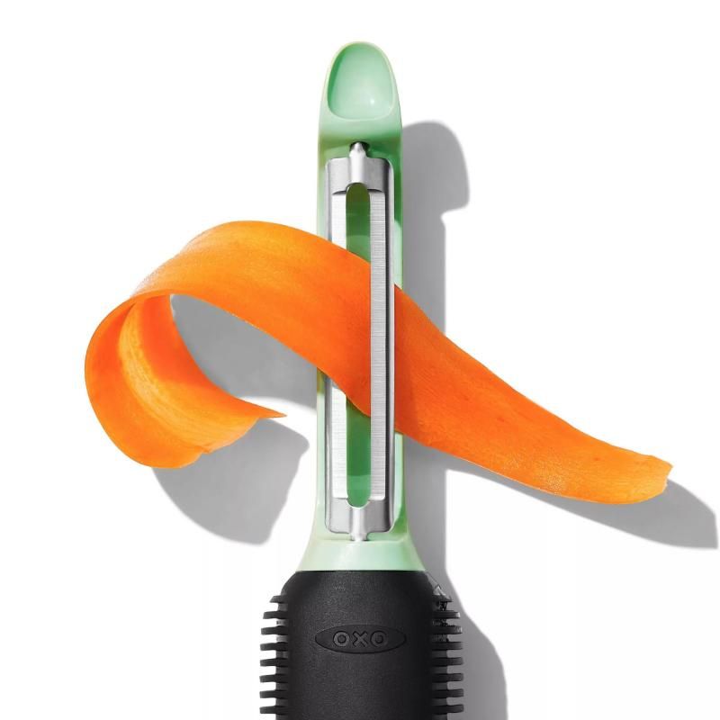 3-piece OXO Good Grips peeler set with ergonomic handles and sharp stainless steel blades for effortless peeling of fruits and vegetables.
