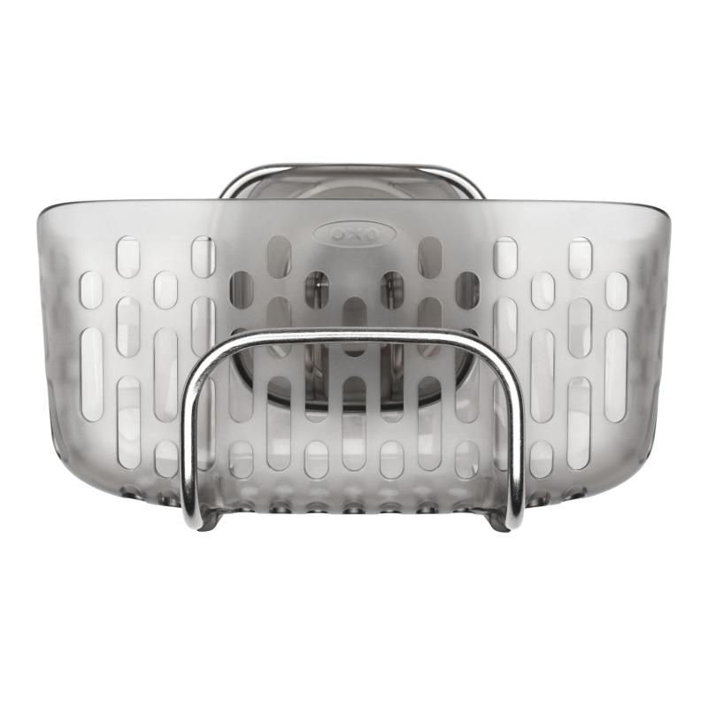 Suction sink caddy with large basket for sponges and brushes, stainless steel hook, and ventilated design for hygienic drying.