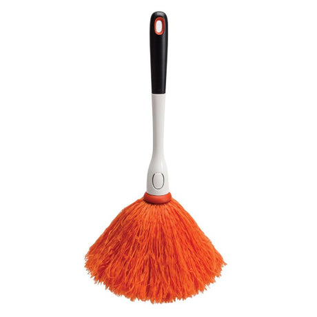 Ultra-soft OXO Microfiber Delicate Duster for safe dusting of fragile items, featuring a non-slip handle and washable head.