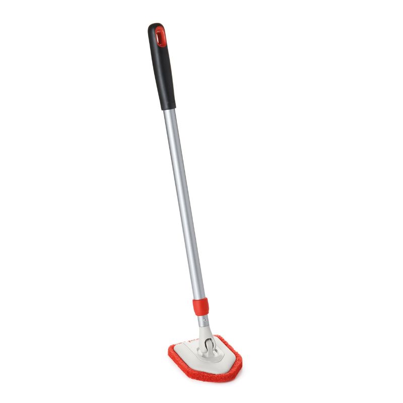 OXO Extendable Tub & Tile Scrubber with pivoting head, extending from 26" to 42", designed for deep cleaning without strain.