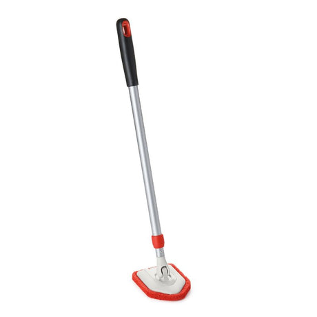 OXO Extendable Tub & Tile Scrubber with pivoting head, extending from 26" to 42", designed for deep cleaning without strain.