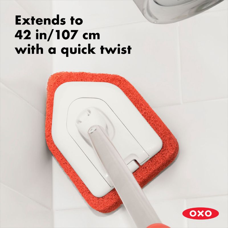 OXO Extendable Tub & Tile Scrubber, adjustable 26"-42", anti-microbial head, ideal for deep cleaning corners and surfaces.