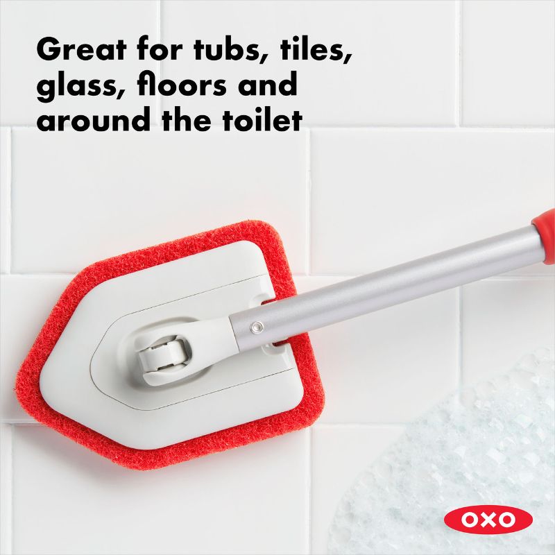 Extendable OXO Tub & Tile Scrubber with antimicrobial head, adjustable length, and pivoting design for efficient cleaning.