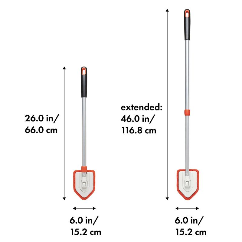 OXO Extendable Tub & Tile Scrubber with pivoting head, extends 26"-42", for effortless deep cleaning of various surfaces.