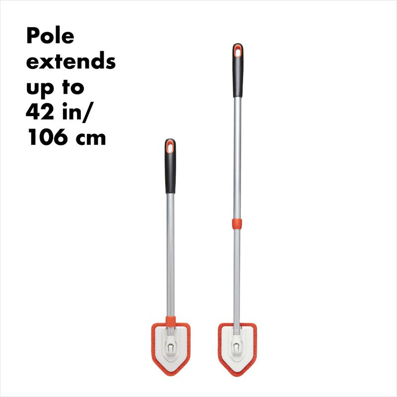 "OXO Extendable Tub & Tile Scrubber, 26-42 inches, features anti-microbial pivoting head for efficient deep cleaning."