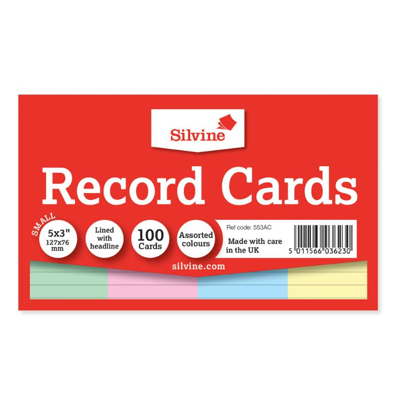 Silvine Record Cards 5x3 Ruled Assorted Colours