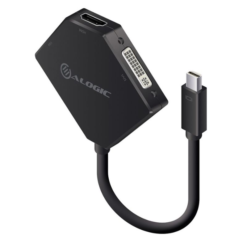 Alogic 3-in-1 Mini DisplayPort adapter with HDMI, DVI, and VGA outputs, ideal for expanding display connectivity.