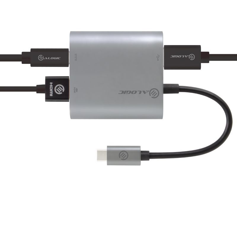 Alogic USB-C MultiPort Adapter enabling 4K HDMI output, 3 USB 3.0 ports, and power delivery for seamless connectivity.