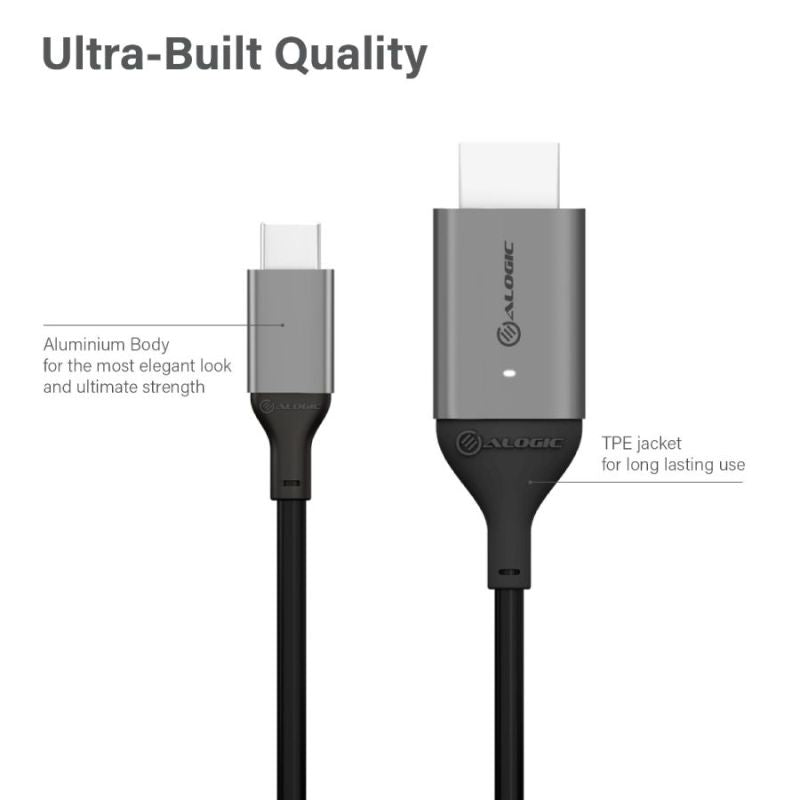 Alogic USB-C to HDMI cable in Space Grey, supports 4K 60Hz for high-performance video and data transmission.